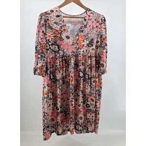 Exclusive Floral Babydoll Dress Women Large Pink Orange V Neck Boho Cottagecore